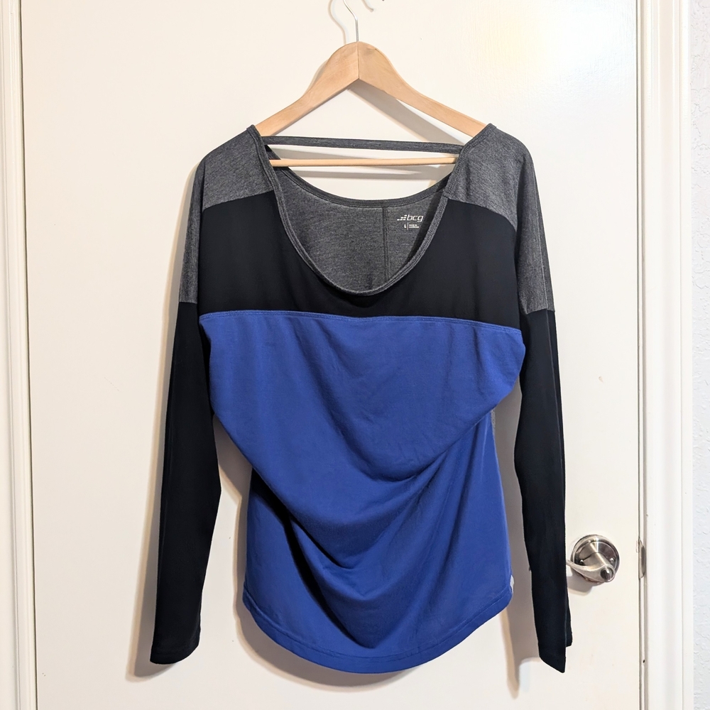 BCG Women's Colorblock Long Sleeve Activewear Top - Charcoal/Blue - Size L
